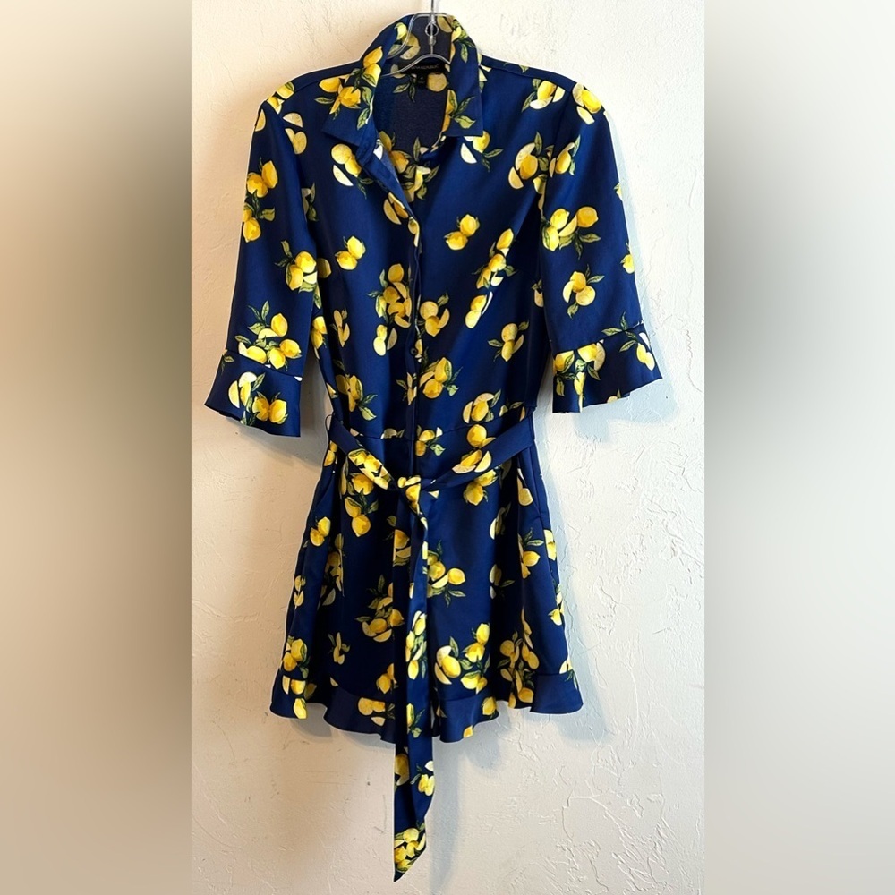 Banana Republic Navy Blue with Lemons Print Ruffle Shorts Tie Belt Romper Sz 4